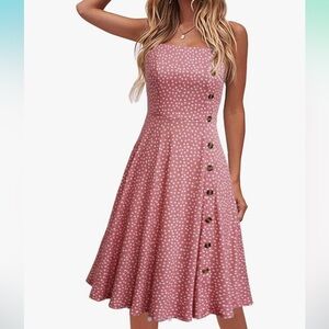Women's Casual Summer Flowy A-Line Spaghetti Straps Cotton Button Midi Sundress